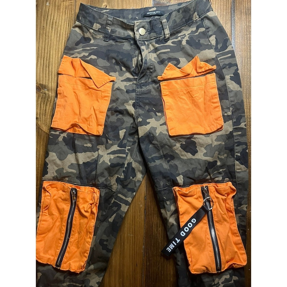 American Bazi Camo Cargo Pants Orange Pocket Zip Detail Jogger Style‎ Size S